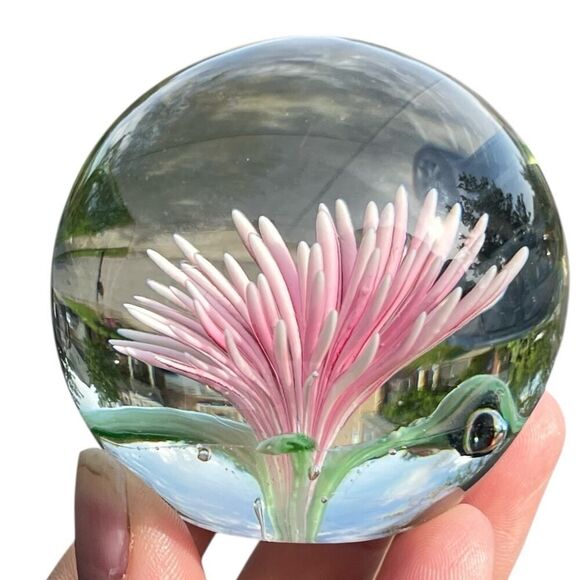 Art Glass Chrysanthemum Paperweight Light Pink 60s Floral 1.75” Tall READ - Picture 2 of 4